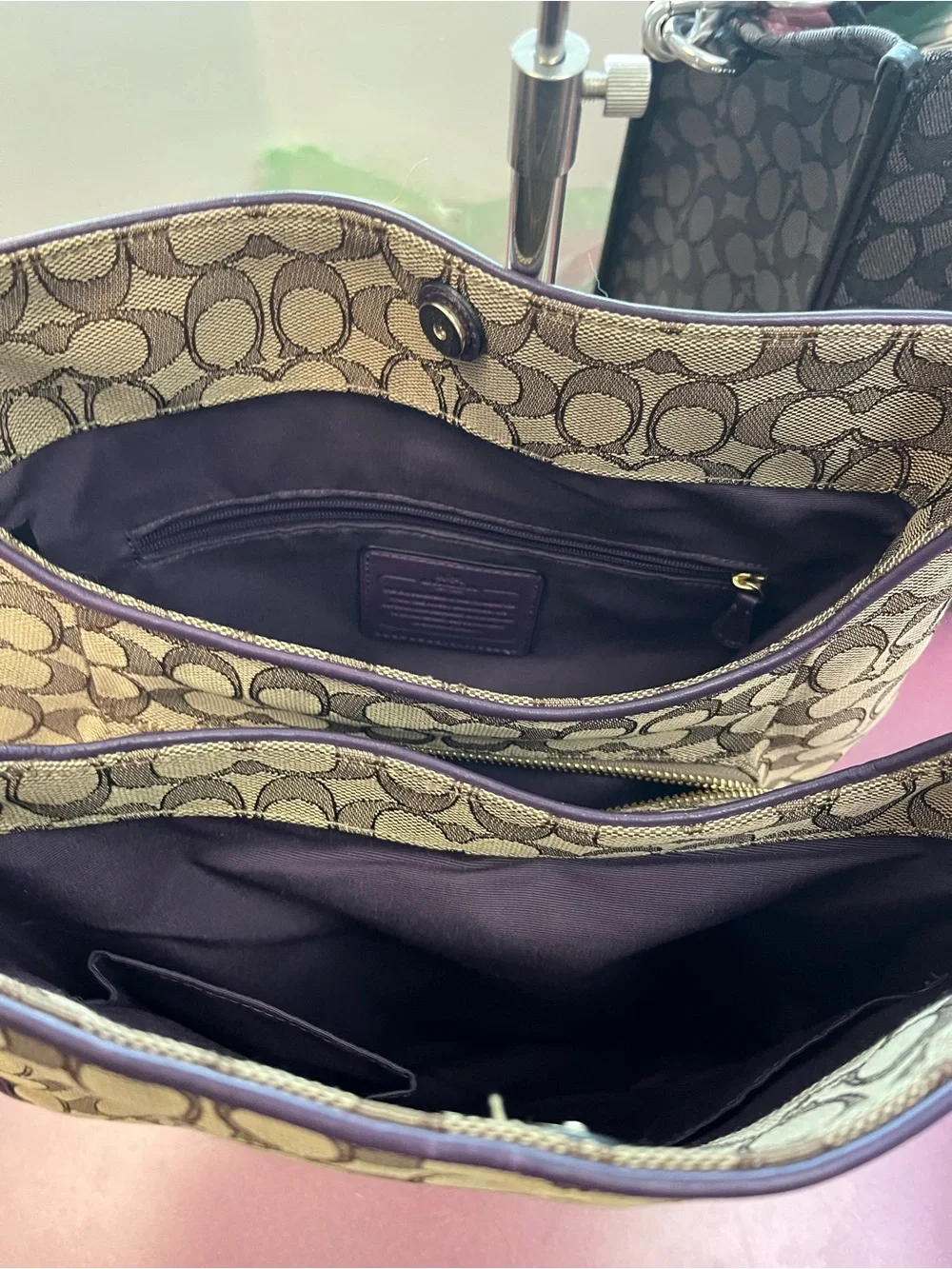 Coach Brown Signature Jacquard Shoulder Bag with Purple Trim. 3 compartments.GUC